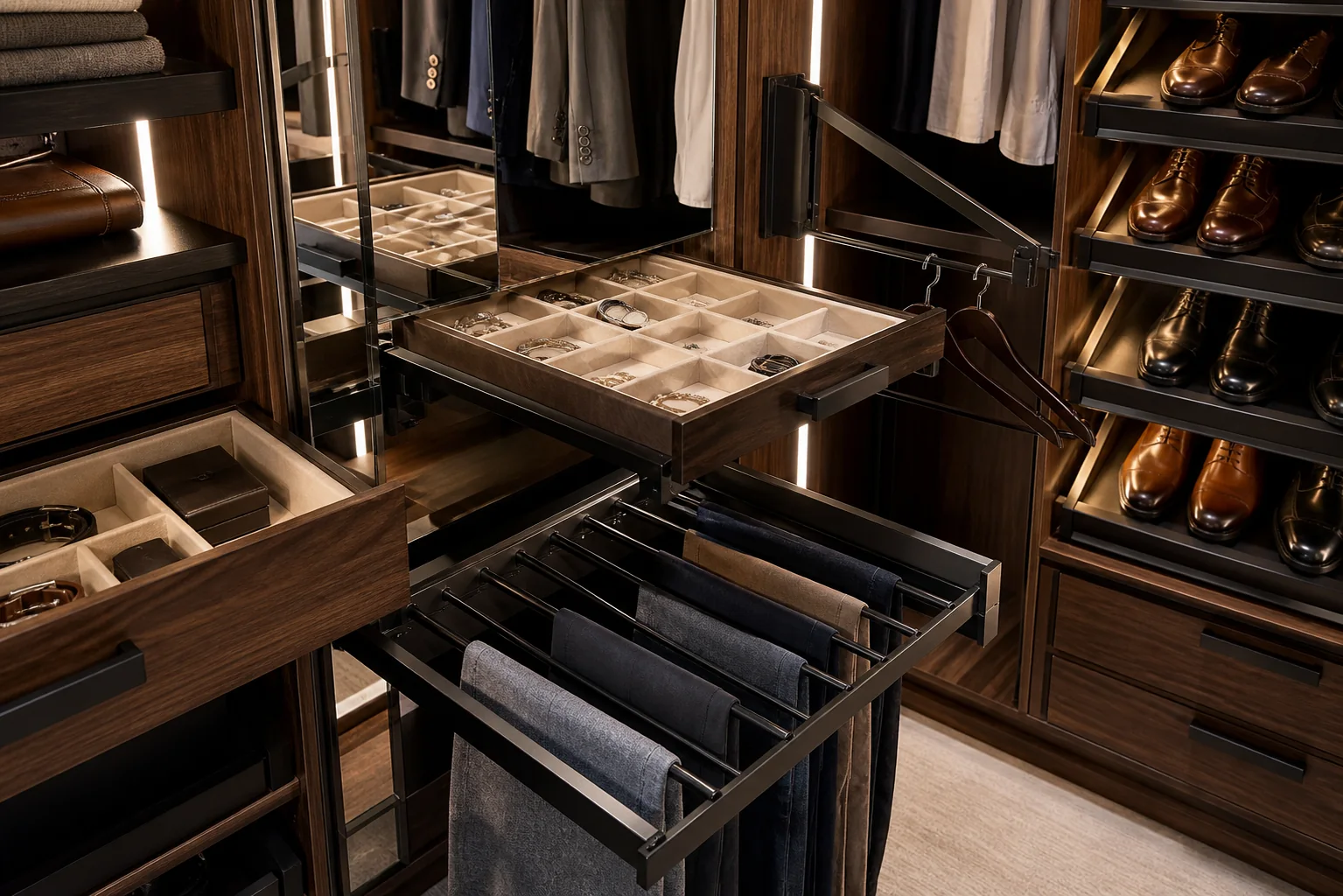 Luxury closet accessories with jewelry drawer, trouser rack and shoe shelves