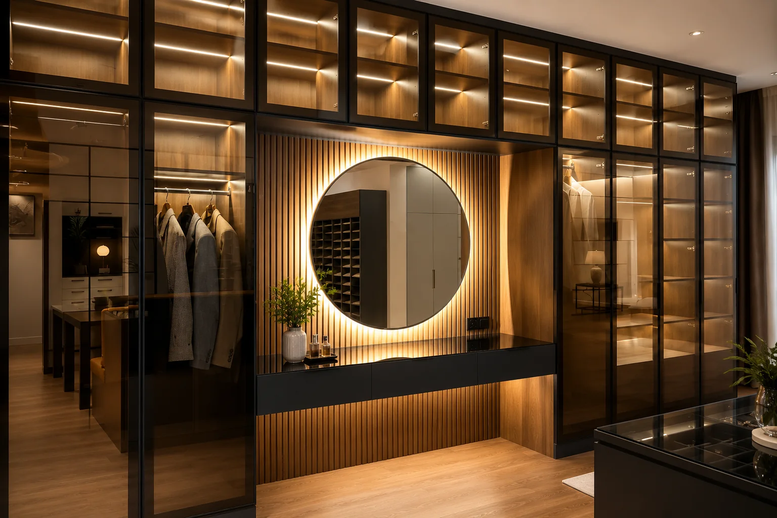 Luxury dressing room with glass wardrobes and round mirror
