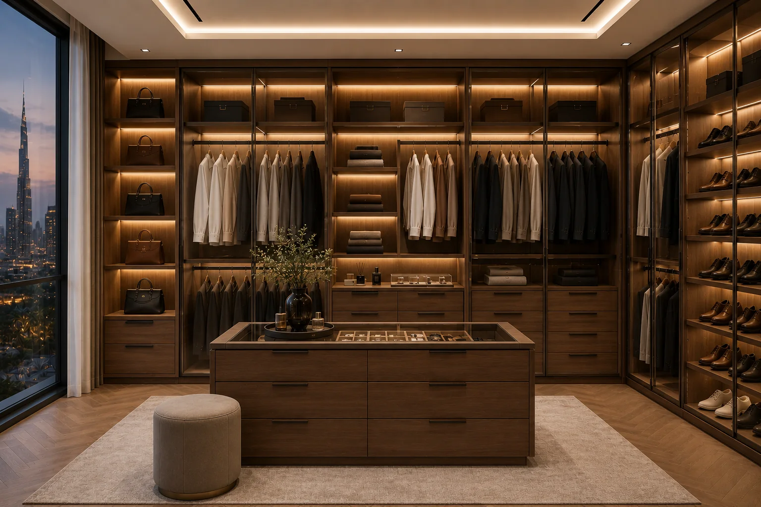 Luxury custom closet with LED lighting for Dubai homes