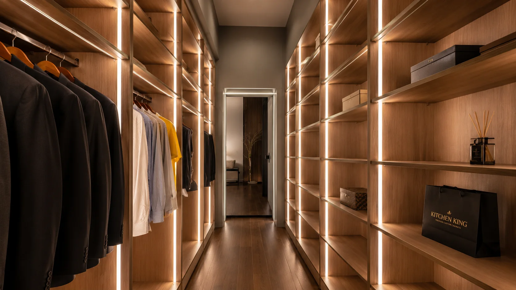 Modern custom wardrobe with warm lighting and display shelves