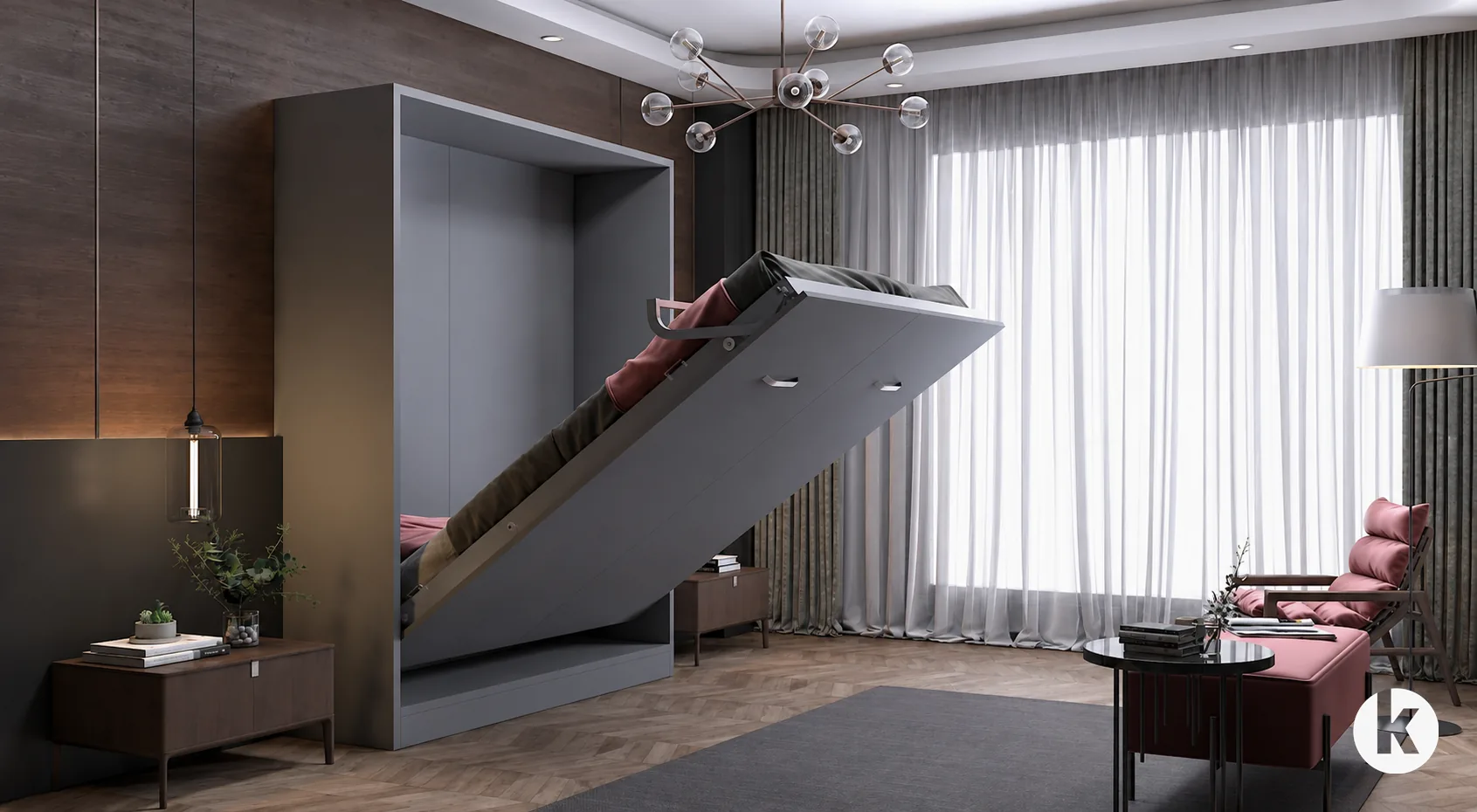 Murphy wall bed opening system design concept for Dubai apartment