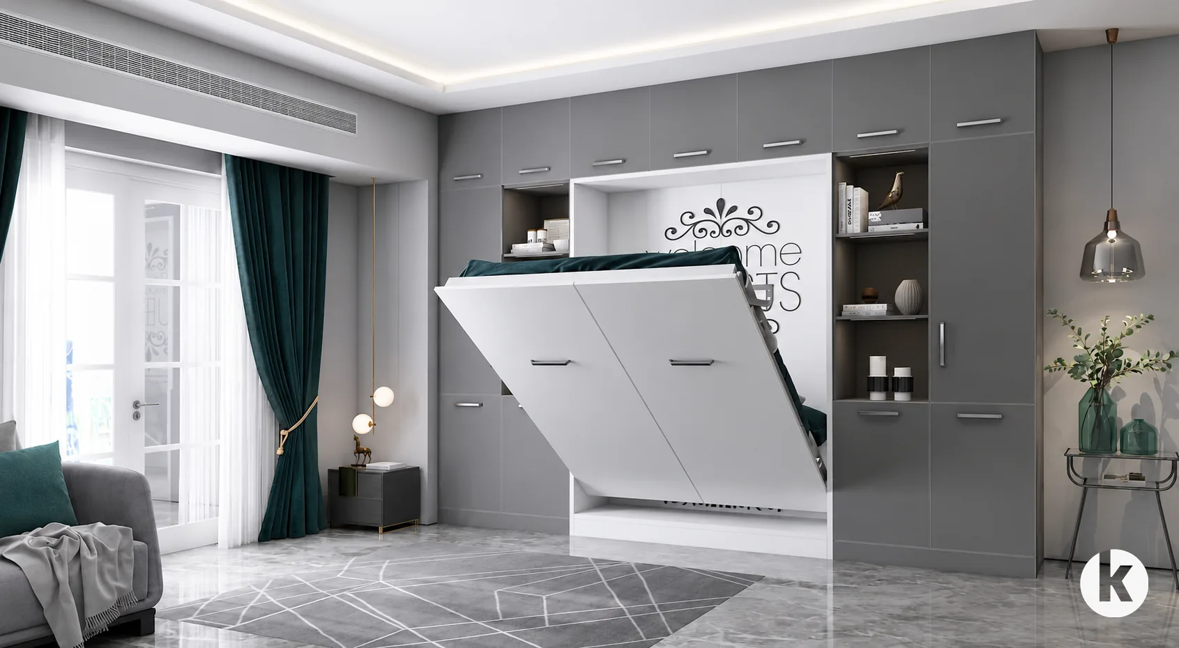 Grey wardrobe Murphy wall bed storage design concept in Dubai