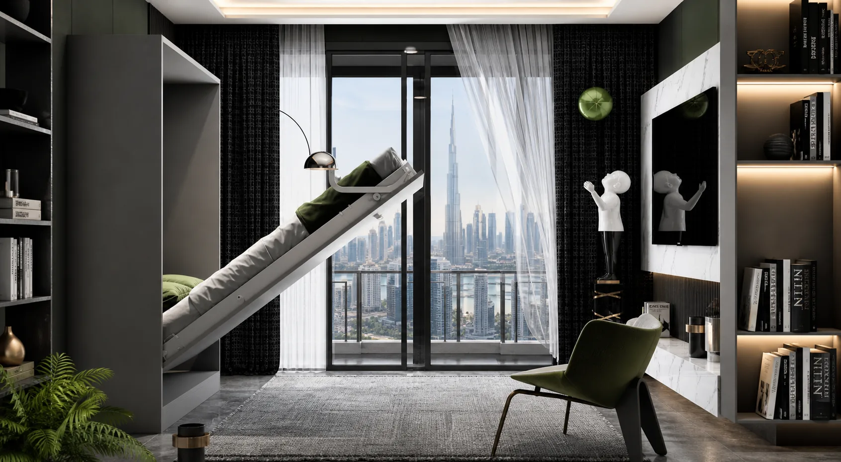 Modern Murphy wall bed with Burj Khalifa view for a Dubai home