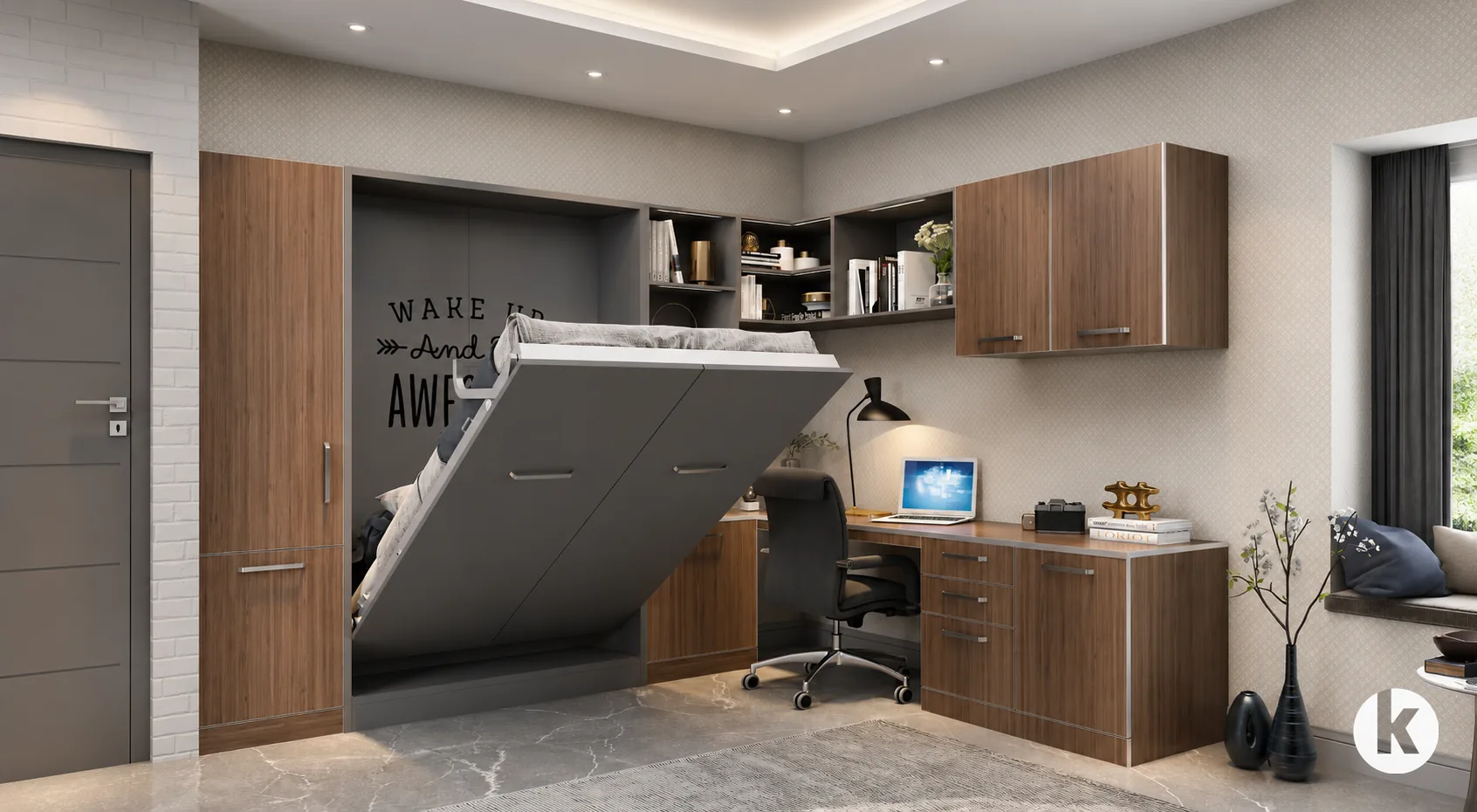 Murphy wall bed home office desk design concept for Dubai homes