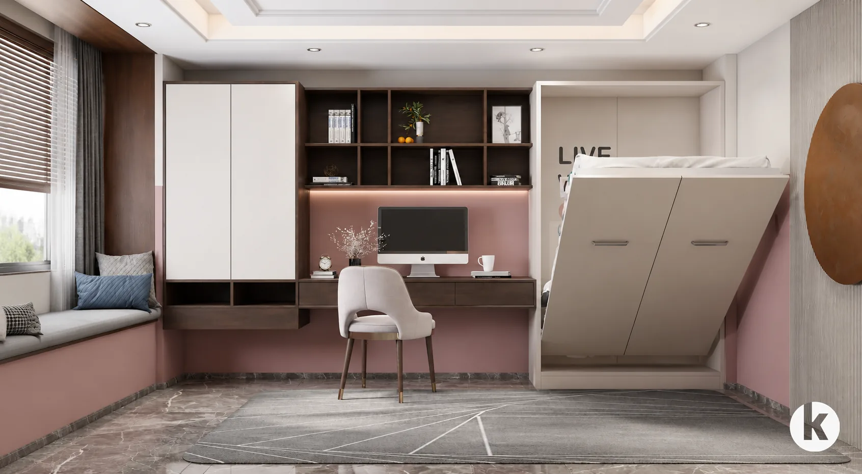 Murphy wall bed study desk storage design concept in Dubai