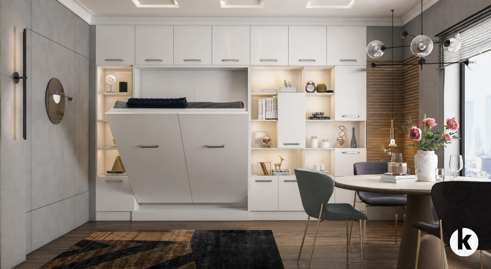 White storage wall Murphy bed design concept for Dubai apartment
